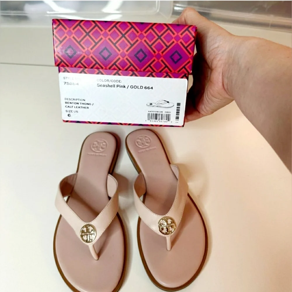 TORY BURCH Designer Benton Seashell Pink Leather Sandals Thong Flip Flops Sz 6.5